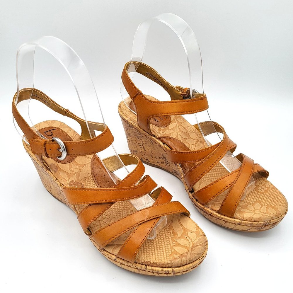 B.O.C. by Born Concept Cross Strap Tan Leather Cork Wedge Sandals SZ 6